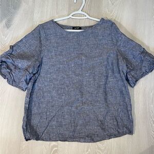 Lord & Taylor 100% Linen Navy Blue Short Sleeve Blouse Excellent Condition